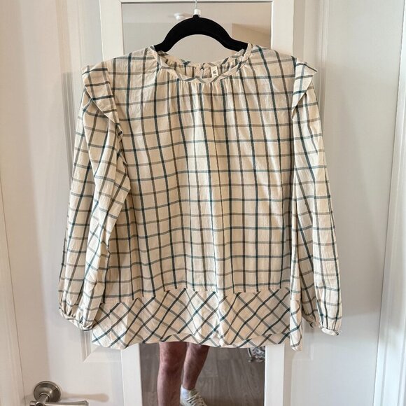 Mirth Windowpane Long Sleeve Blouse Size Small Color Cream Black/Grey - Picture 2 of 6